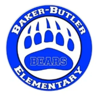 Baker-Butler Elementary's blue logo with a bear claw labeled "bears" in the center